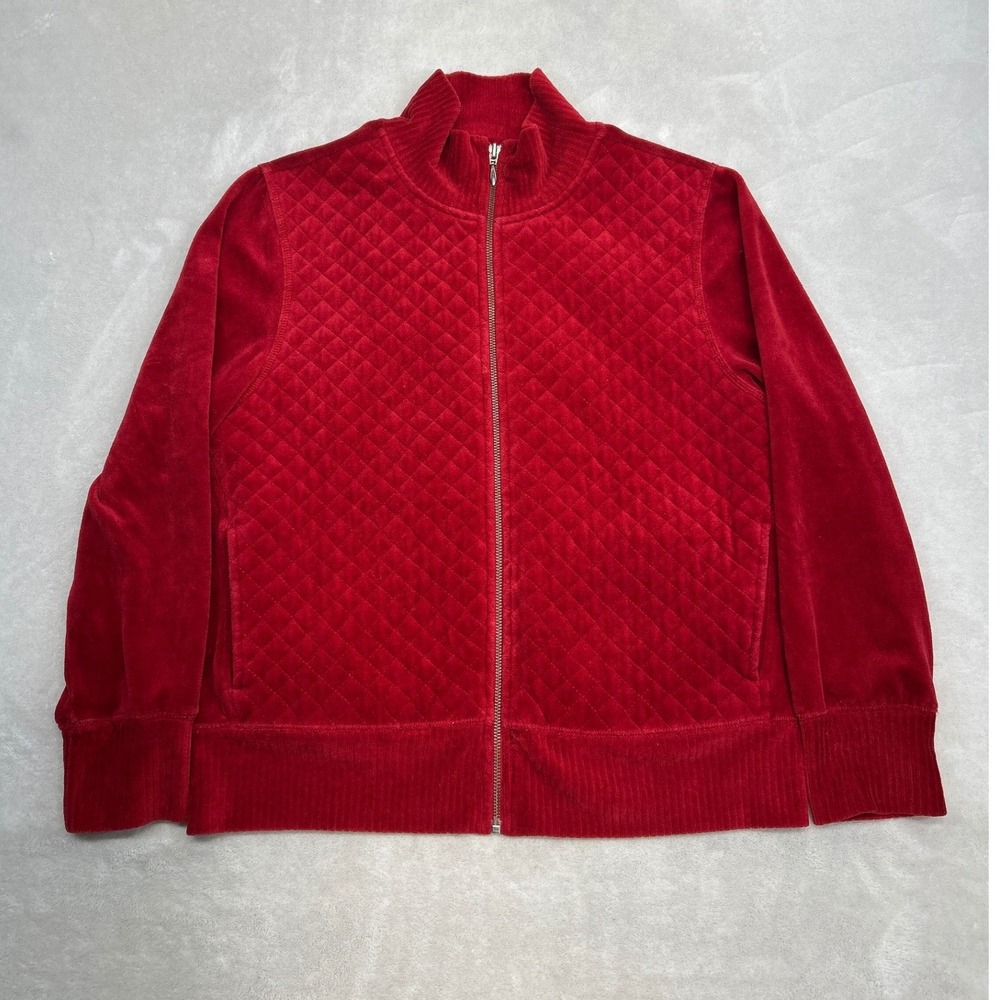 Coldwater Creek Jacket Women M Red Quilted Velour Full Zip Pocket Holiday